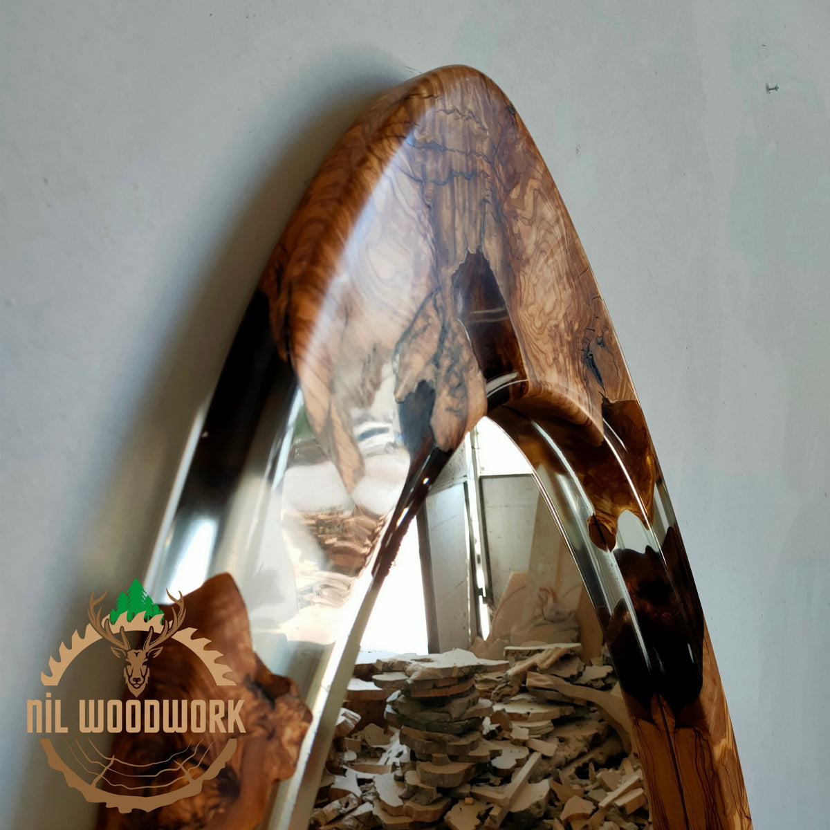 Asymmetrical Olive Wood Epoxy Mirror: Large Modern Wall Decor