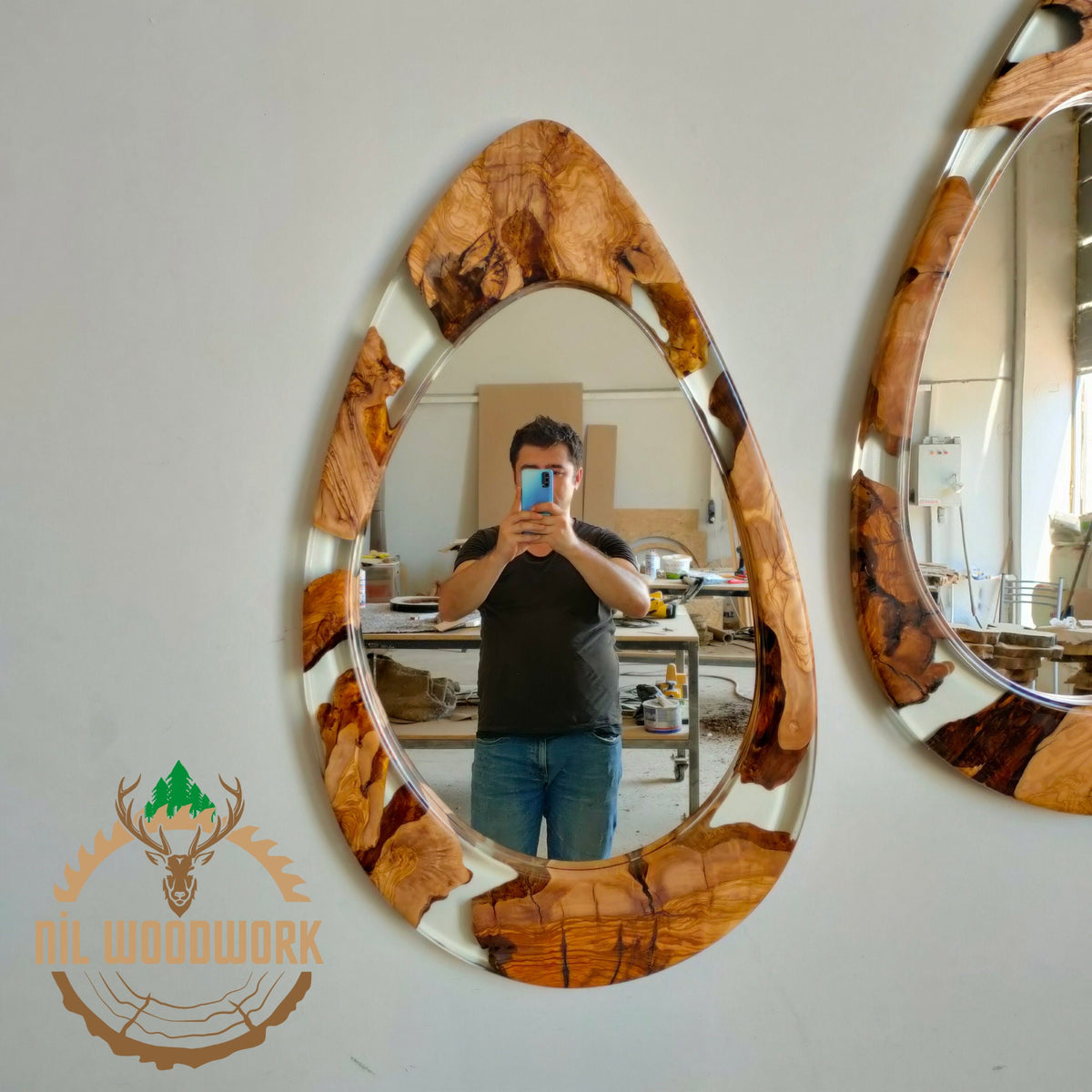 Asymmetrical Olive Wood Epoxy Mirror: Large Modern Wall Decor