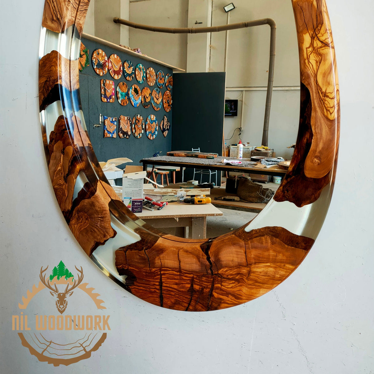 Asymmetrical Olive Wood Epoxy Mirror: Large Modern Wall Decor