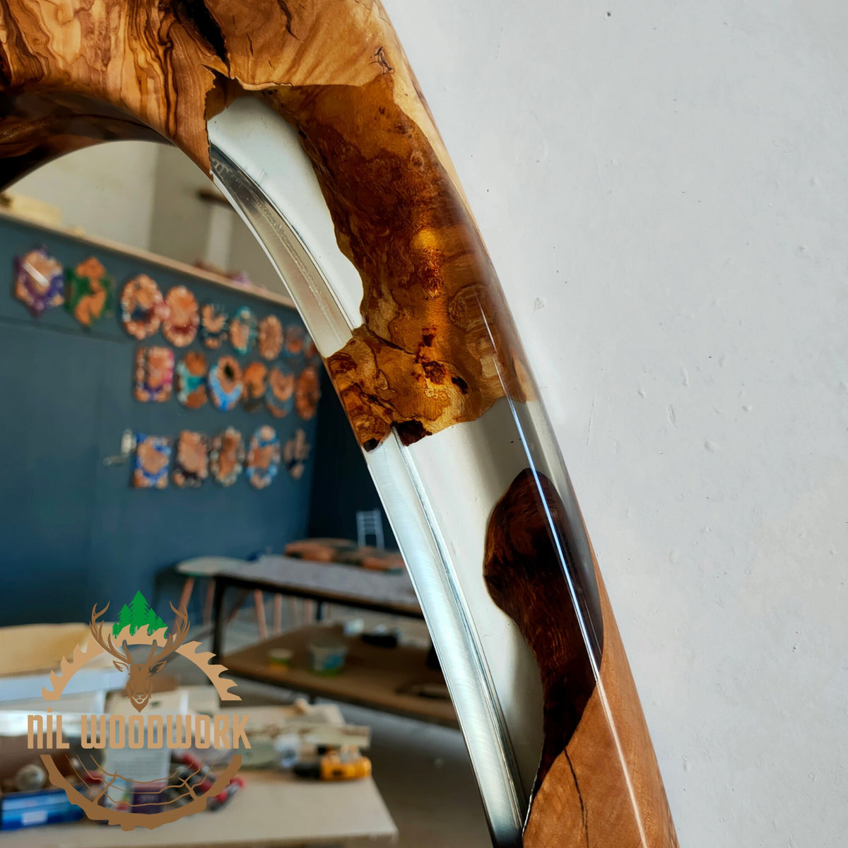 Asymmetrical Olive Wood Epoxy Mirror: Large Modern Wall Decor