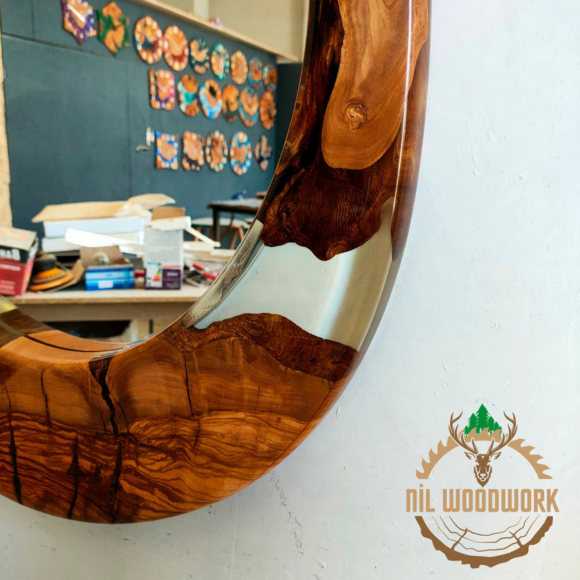 Asymmetrical Olive Wood Epoxy Mirror: Large Modern Wall Decor