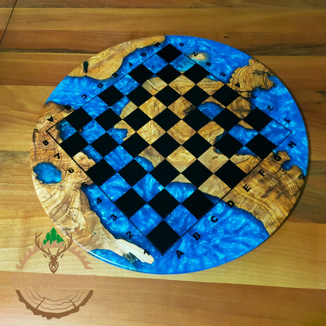 Handmade Olive Wood Epoxy Chess Board: 20'' Round Resin Chess Set