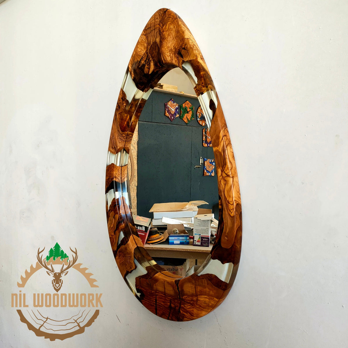 Asymmetrical Olive Wood Epoxy Mirror: Large Modern Wall Decor