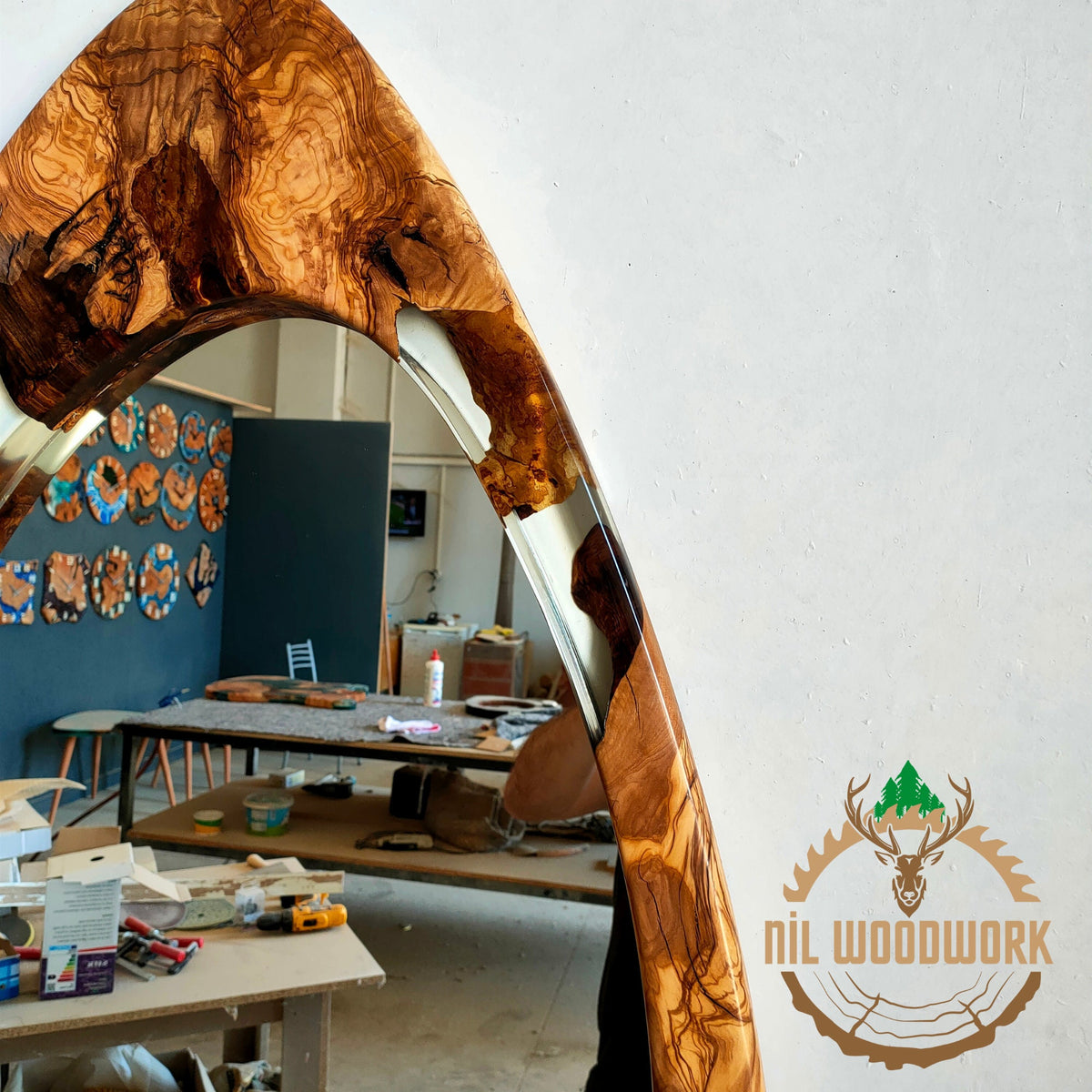 Asymmetrical Olive Wood Epoxy Mirror: Large Modern Wall Decor