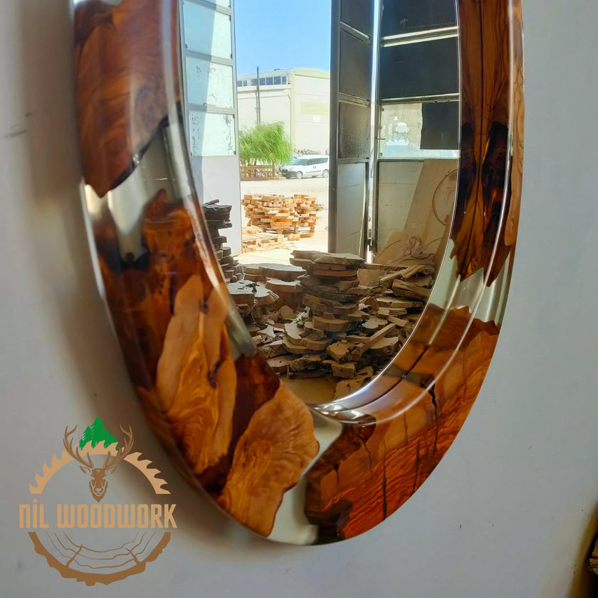 Asymmetrical Olive Wood Epoxy Mirror: Large Modern Wall Decor