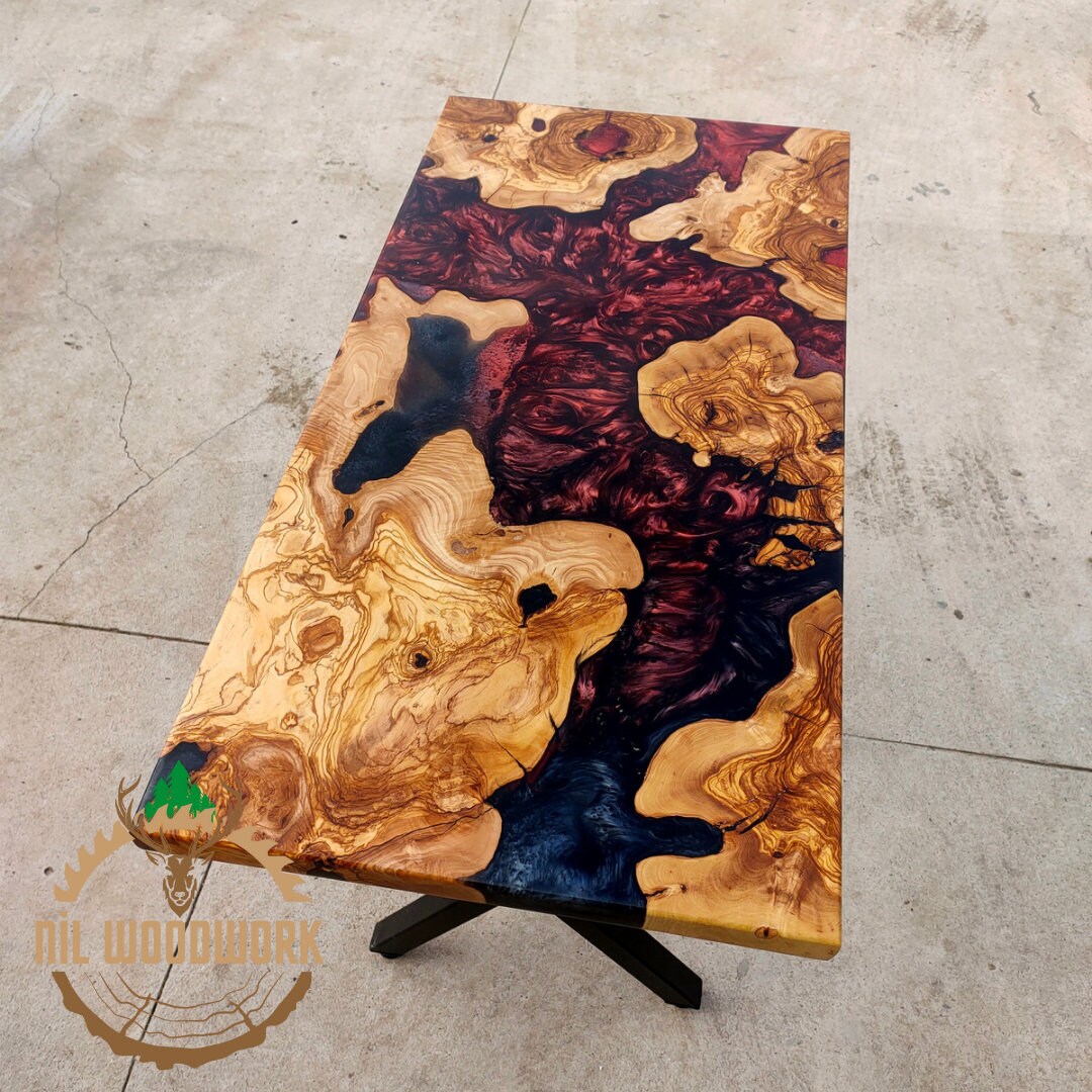 Personalized Olive Wood Resin Dining Table: Live Edge Epoxy River