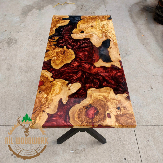 Personalized Olive Wood Resin Dining Table: Live Edge Epoxy River