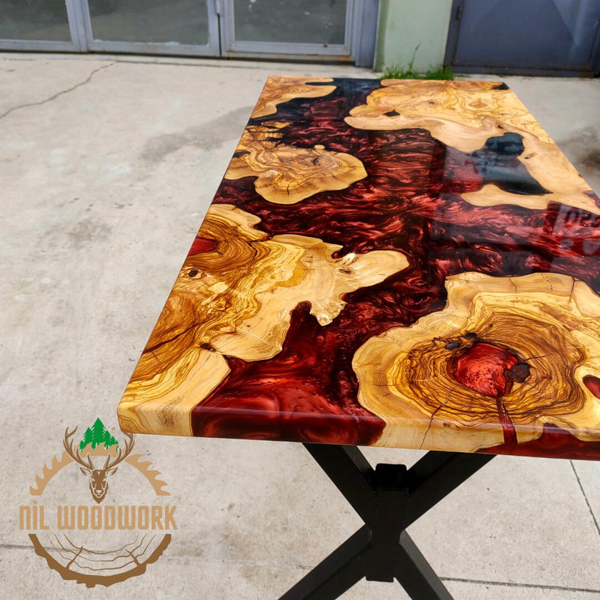 Personalized Olive Wood Resin Dining Table: Live Edge Epoxy River
