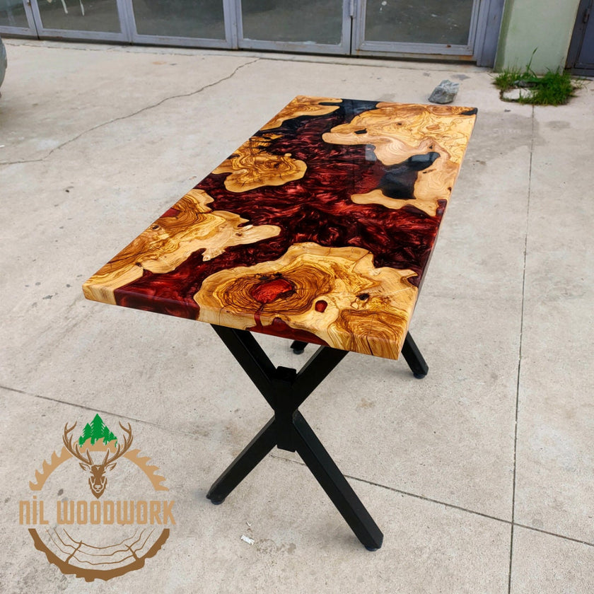 Personalized Olive Wood Resin Dining Table: Live Edge Epoxy River