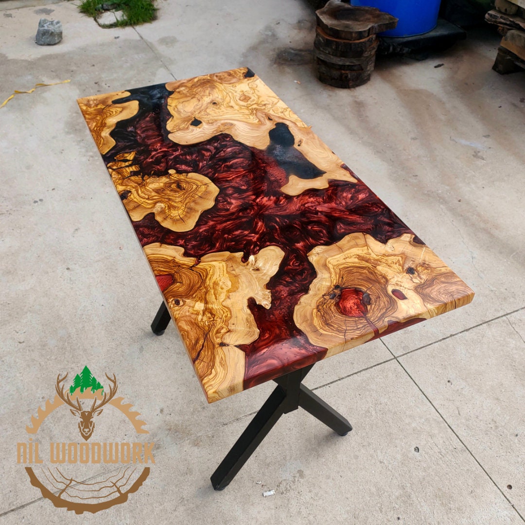 Personalized Olive Wood Resin Dining Table: Live Edge Epoxy River