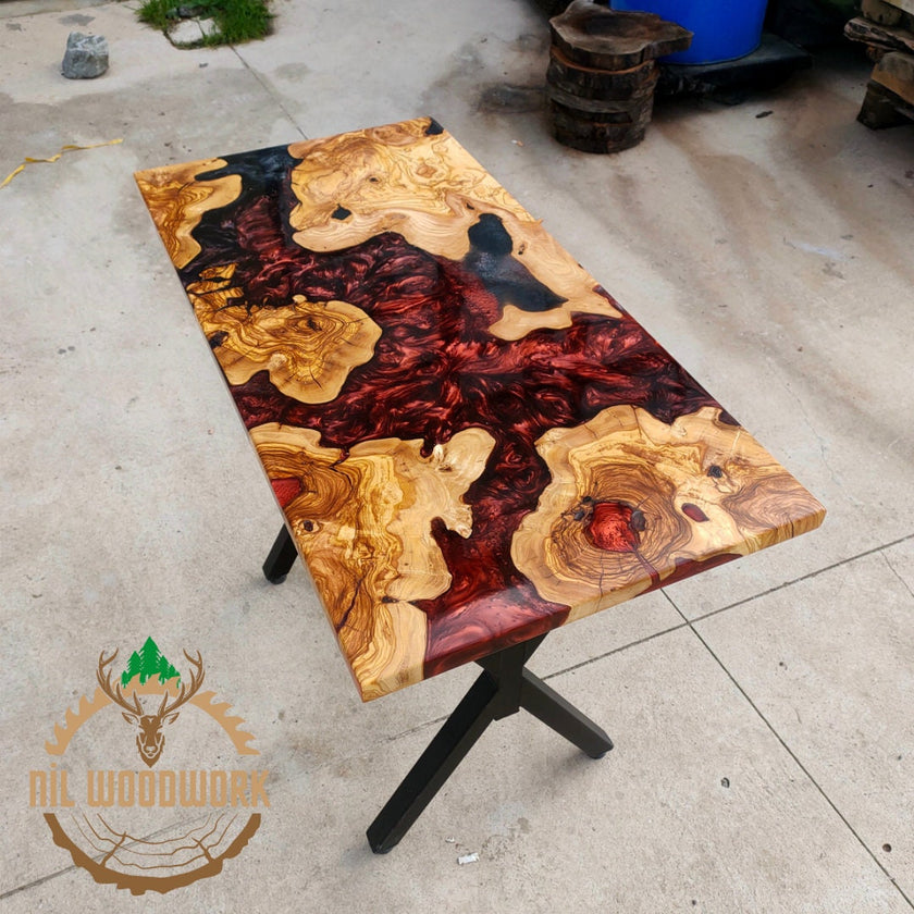 Personalized Olive Wood Resin Dining Table: Live Edge Epoxy River