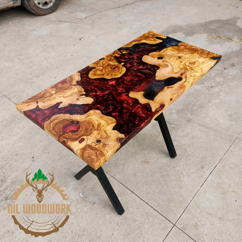Personalized Olive Wood Resin Dining Table: Live Edge Epoxy River