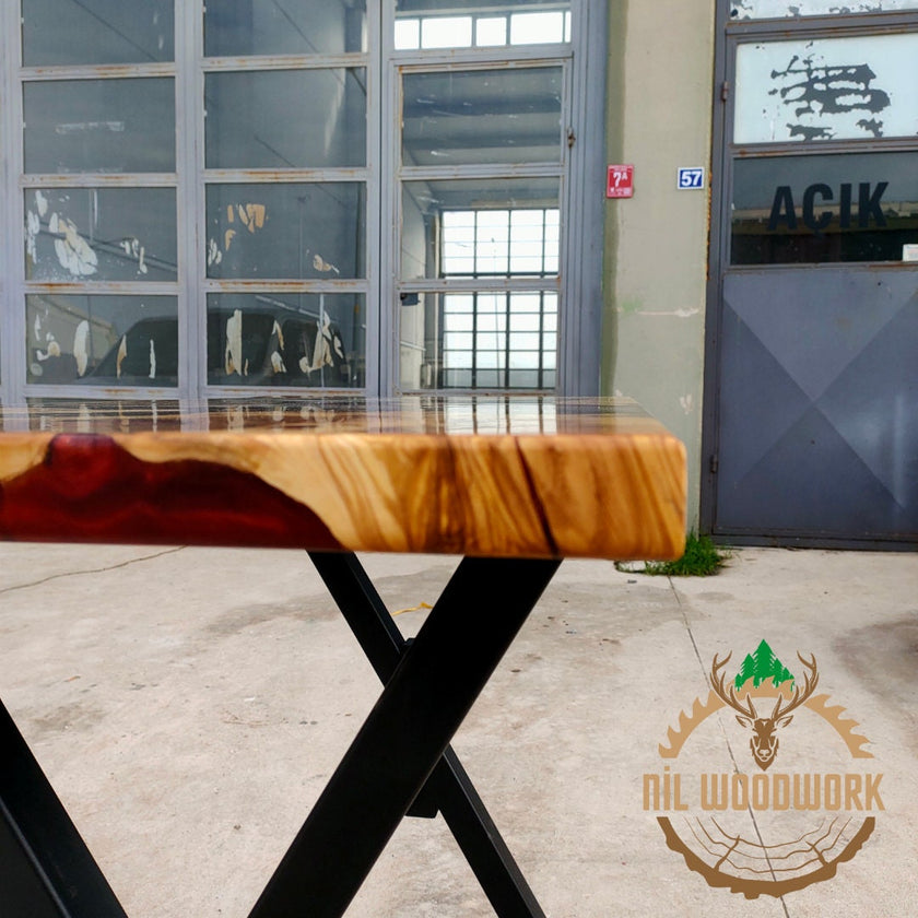 Personalized Olive Wood Resin Dining Table: Live Edge Epoxy River