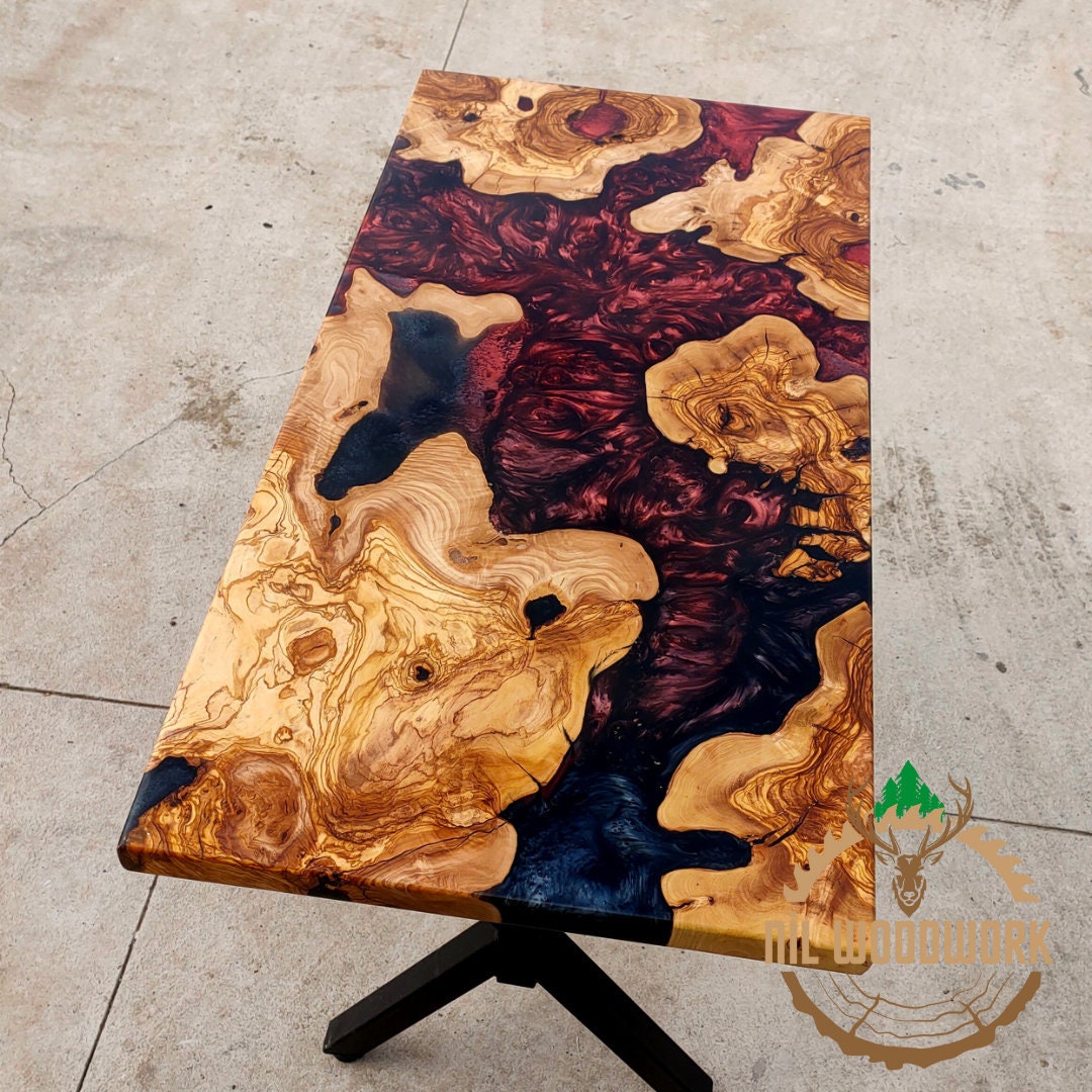 Personalized Olive Wood Resin Dining Table: Live Edge Epoxy River