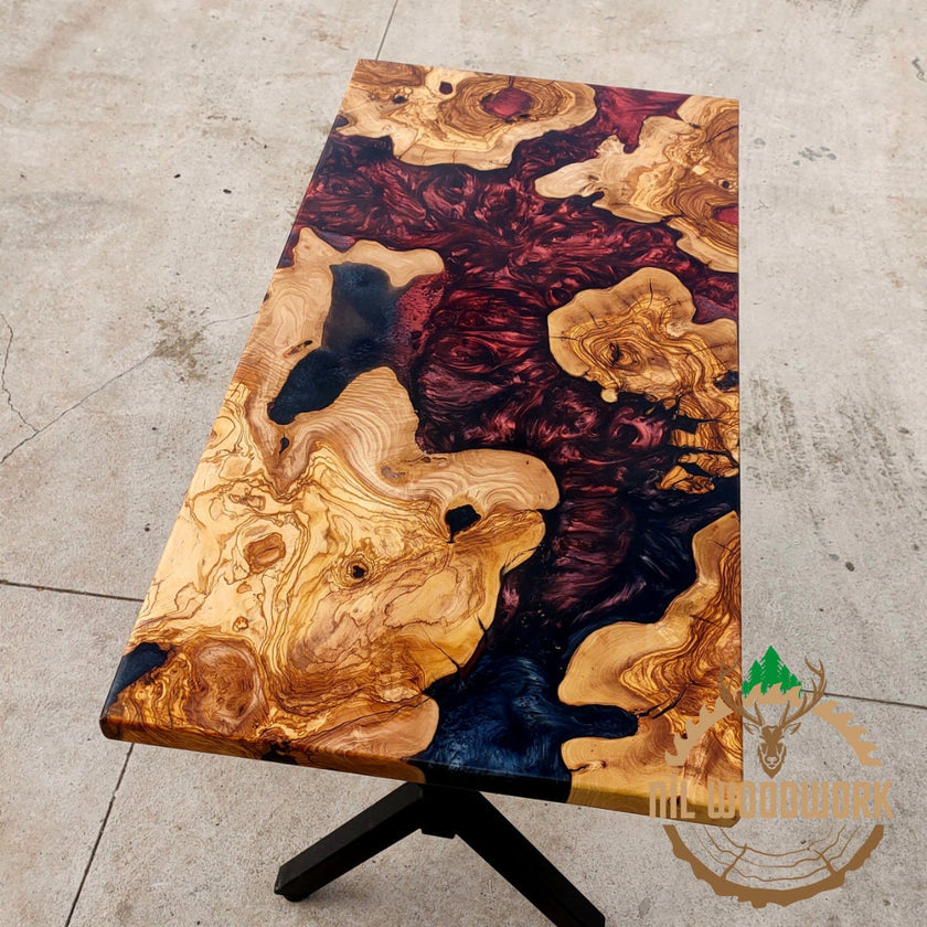 Personalized Olive Wood Resin Dining Table: Live Edge Epoxy River