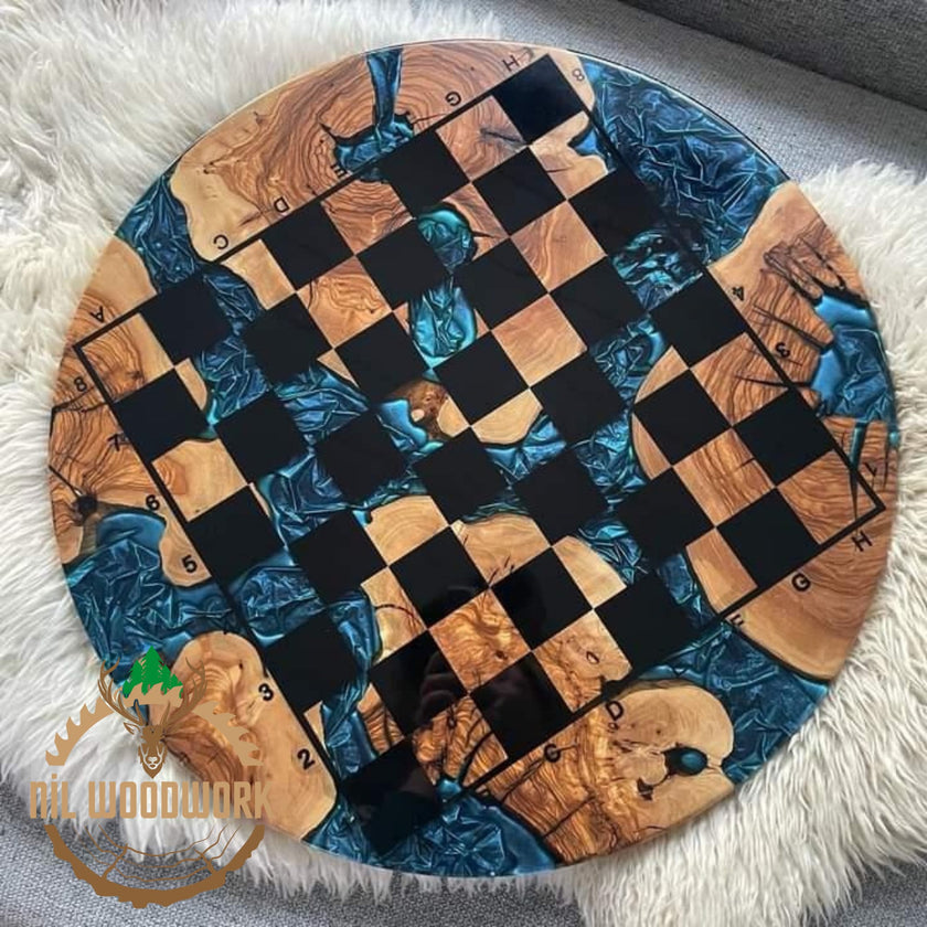 Handmade Olive Wood Resin Chessboard: Modern Epoxy Chess Set