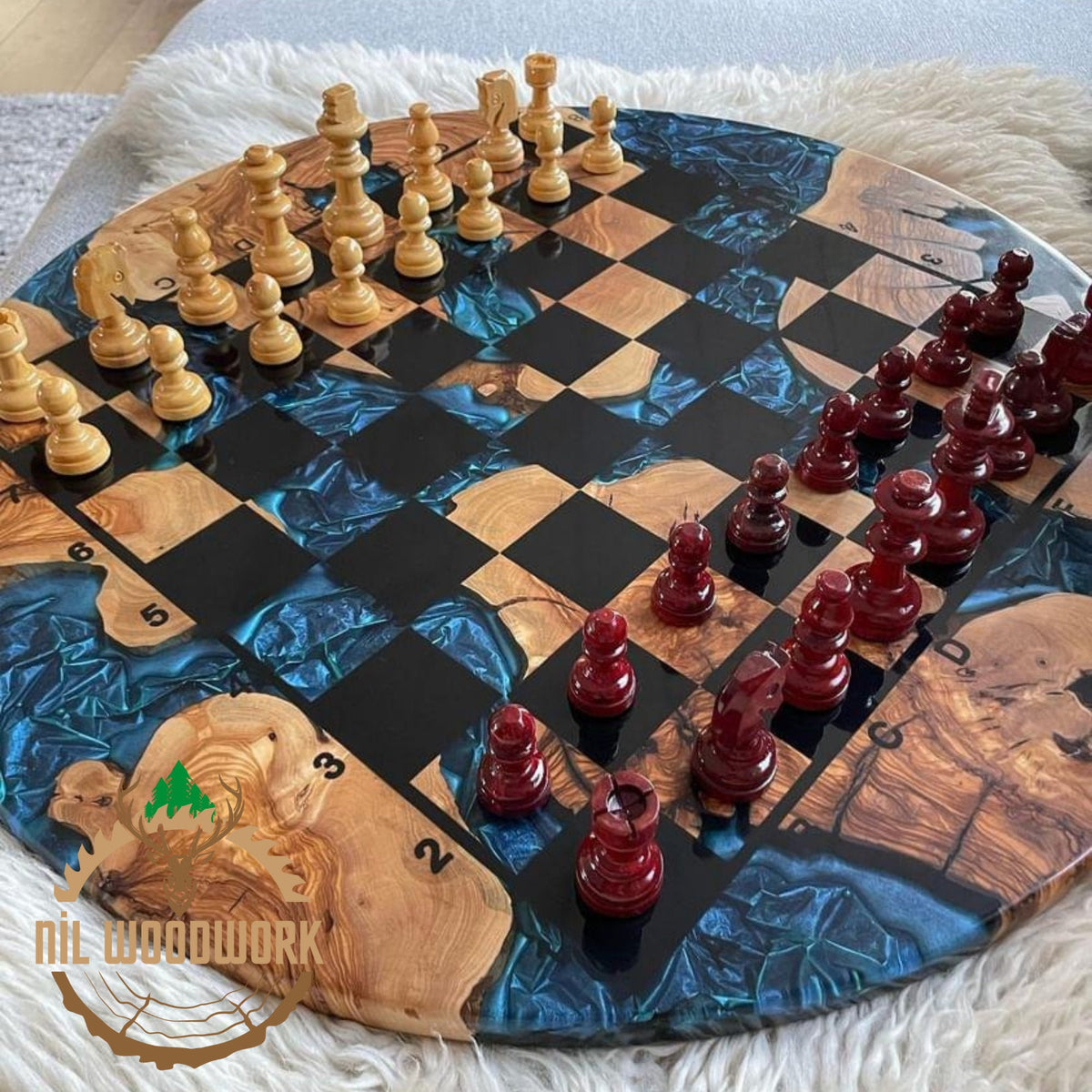Handmade Olive Wood Resin Chessboard: Modern Epoxy Chess Set