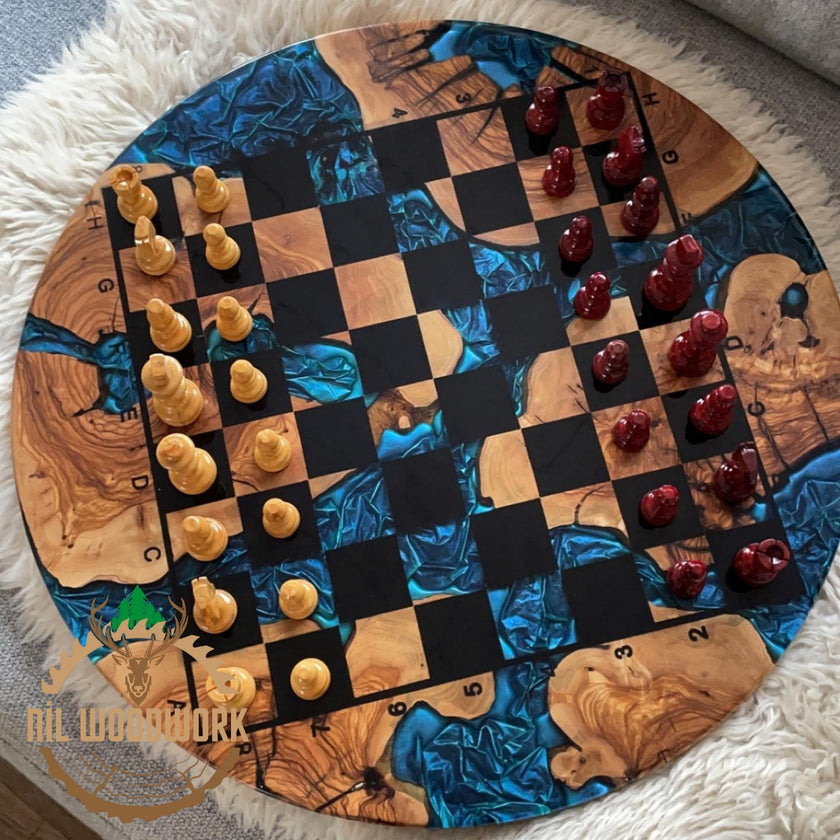 Handmade Olive Wood Resin Chessboard: Modern Epoxy Chess Set