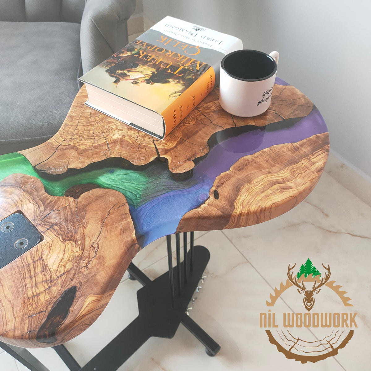 Personalized Olive Wood Resin Guitar Stand: Modern Sofa End Table