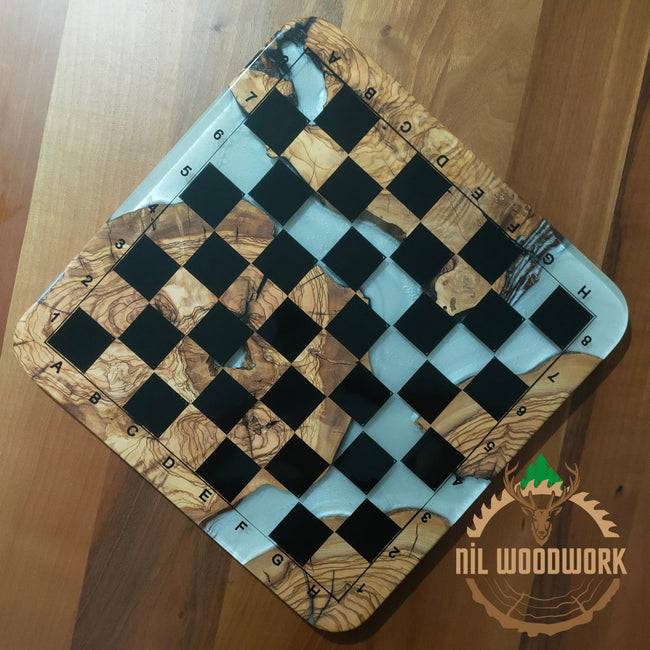 Personalized Olive Wood Chess Set: Resin Inlay, Unique Chessboard