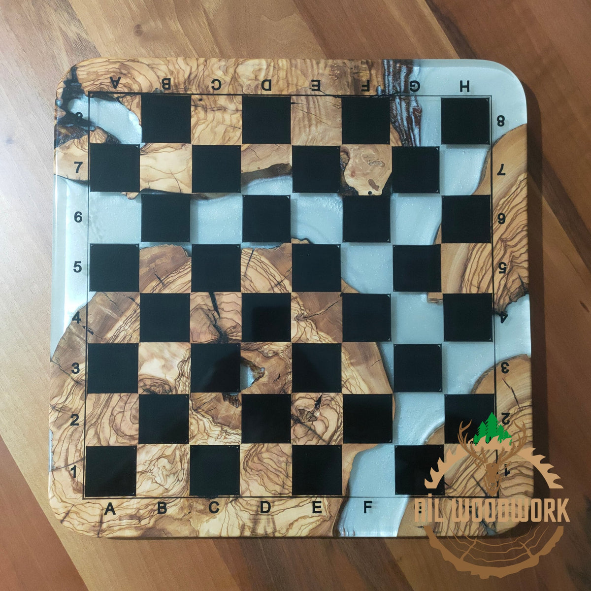 Personalized Olive Wood Chess Set: Resin Inlay, Unique Chessboard
