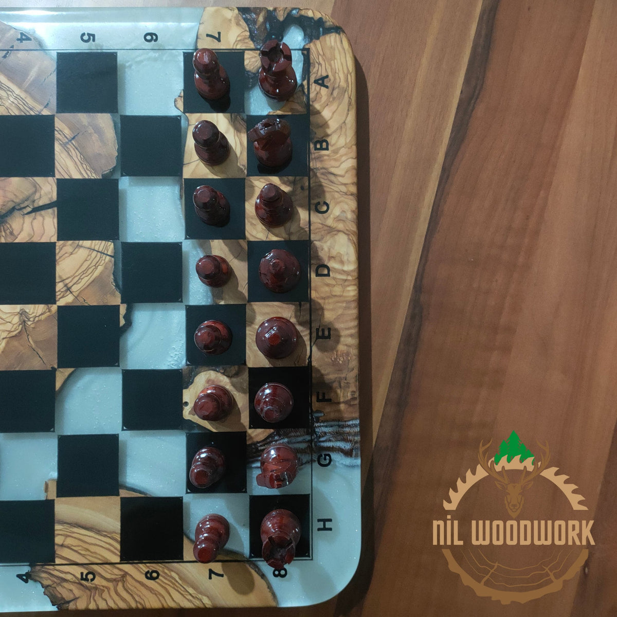 Personalized Olive Wood Chess Set: Resin Inlay, Unique Chessboard