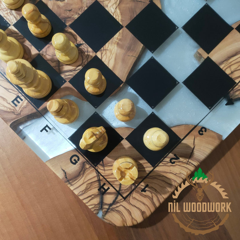Personalized Olive Wood Chess Set: Resin Inlay, Unique Chessboard