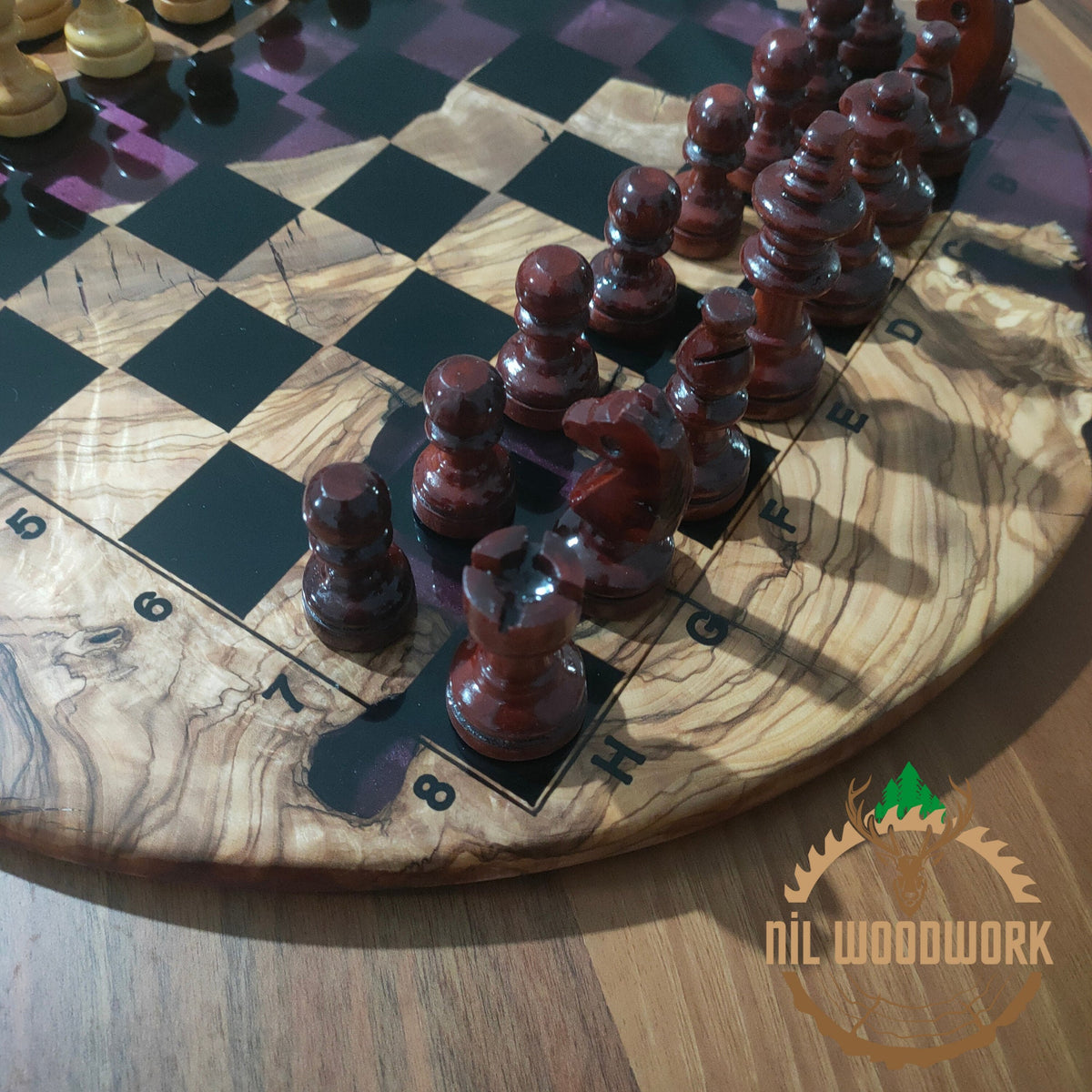 Handmade Olive Wood Resin Chess Set: Personalized Modern Board