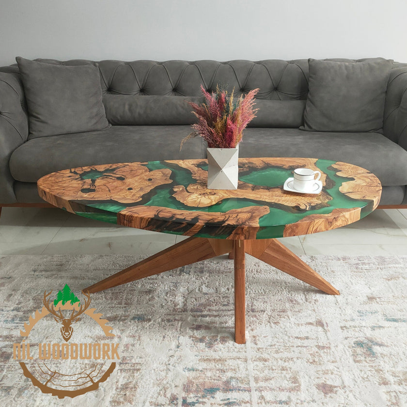 Handmade Olive Wood Resin Coffee Table: Modern Epoxy Design