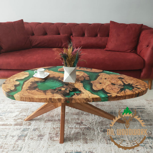 Handmade Olive Wood Resin Coffee Table: Modern Epoxy Design