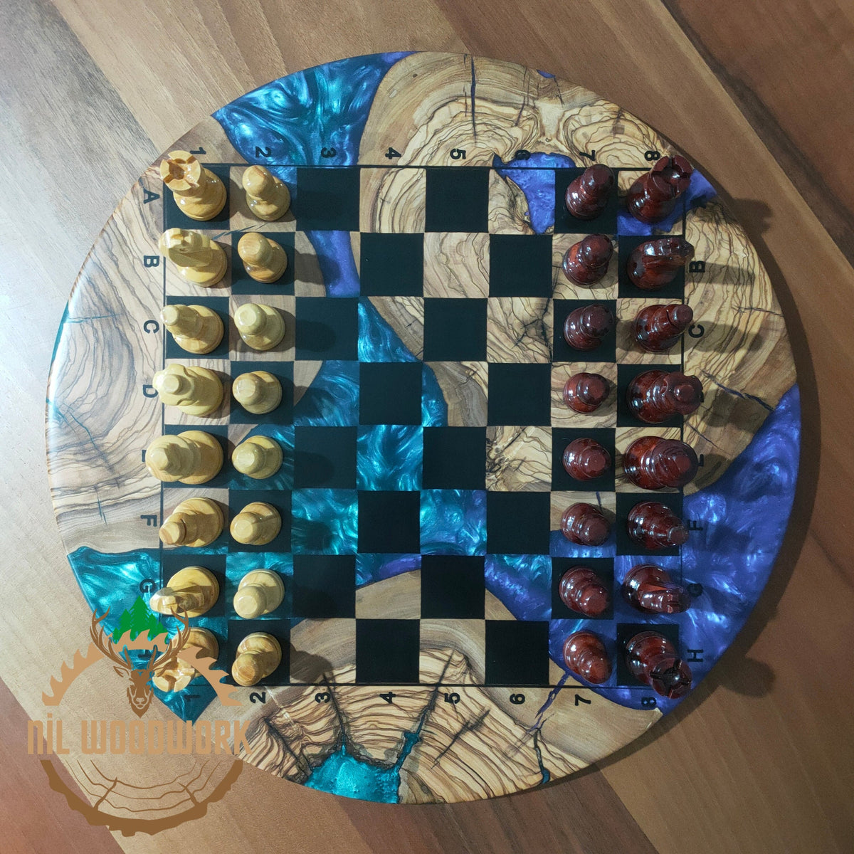 Personalized Olive Wood Resin Chess Set: Handmade Modern Board, Chess Pieces