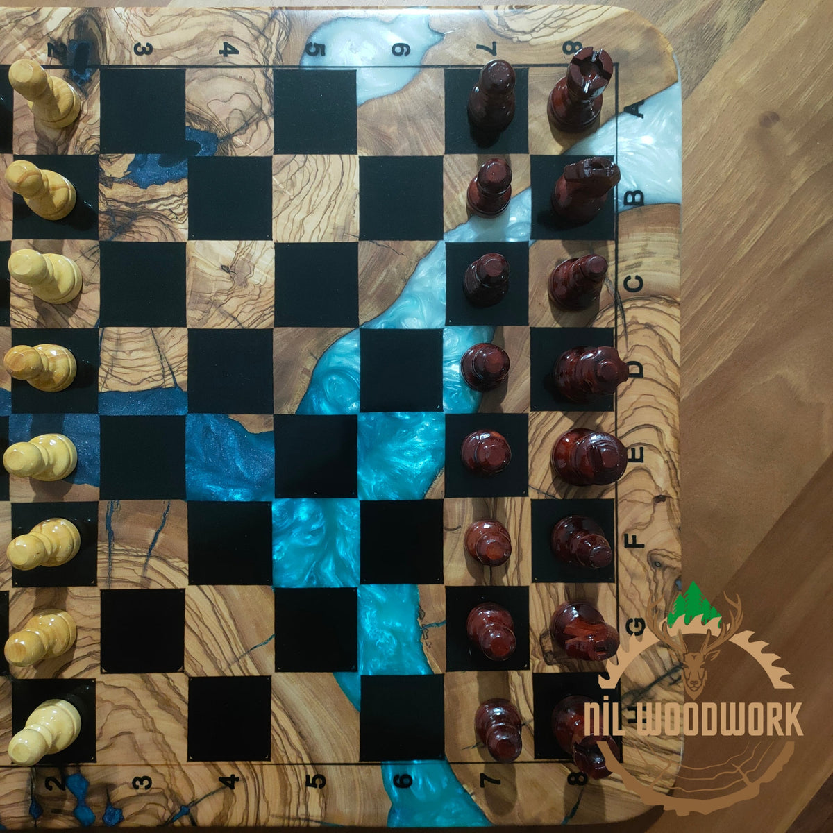 Personalized Olive Wood Chess Set: Handmade Resin Inlay, Modern Style