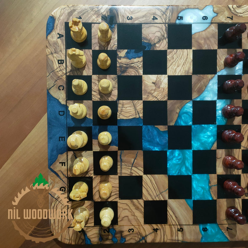 Personalized Olive Wood Chess Set: Handmade Resin Inlay, Modern Style