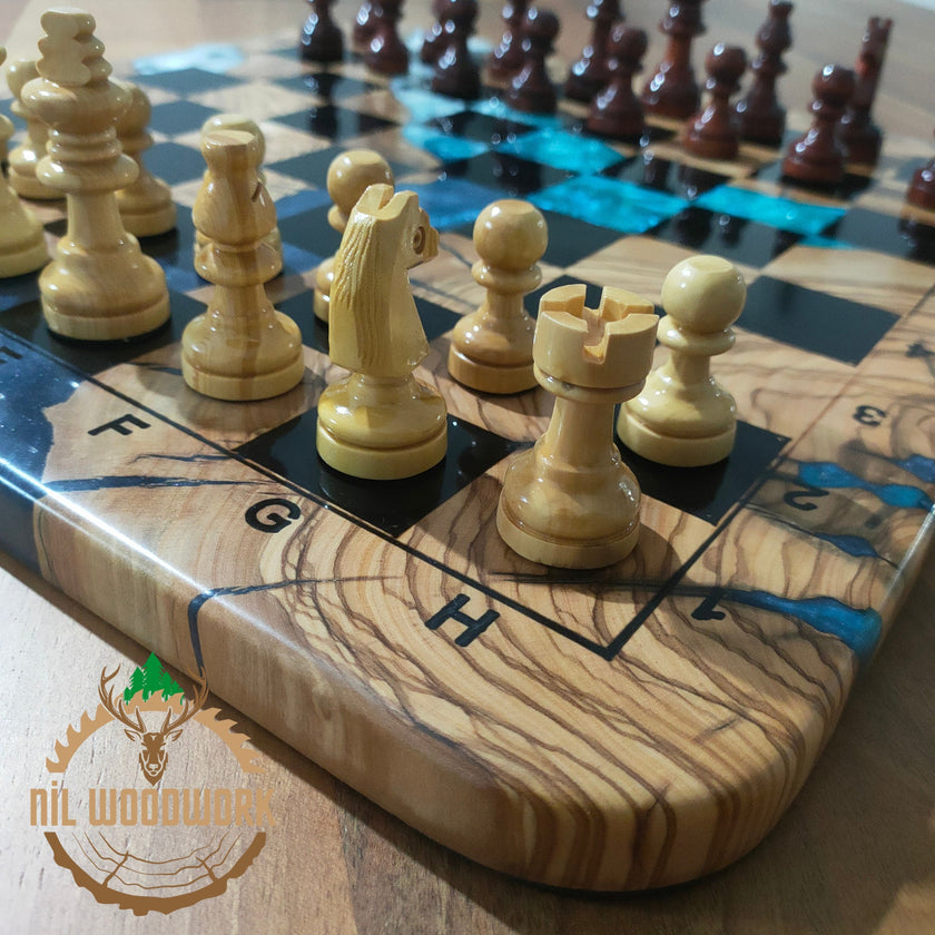 Personalized Olive Wood Chess Set: Handmade Resin Inlay, Modern Style