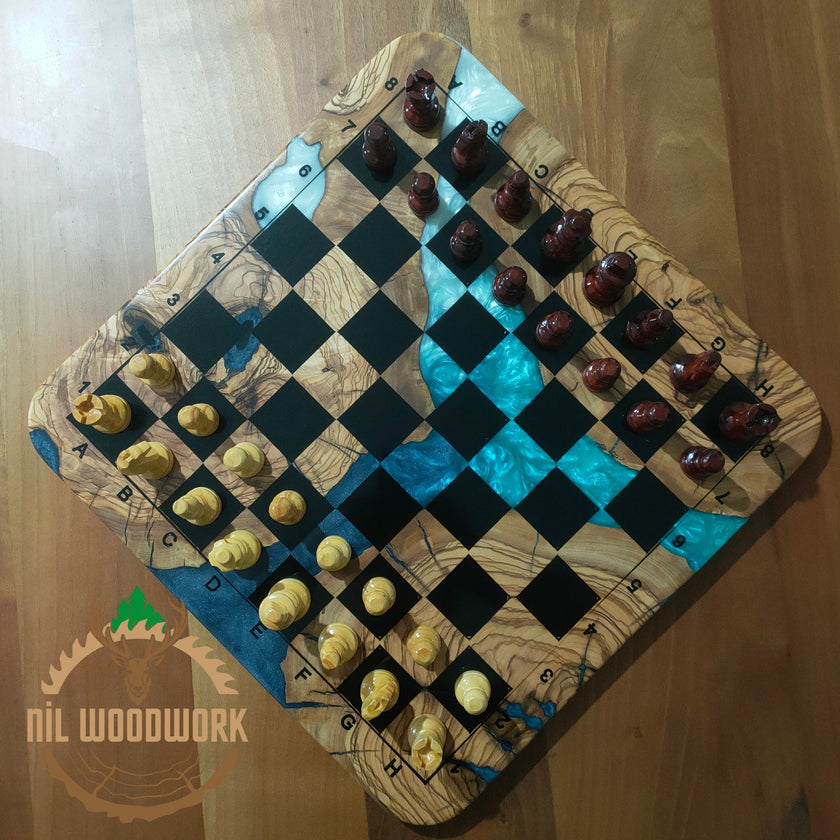 Personalized Olive Wood Chess Set: Handmade Resin Inlay, Modern Style