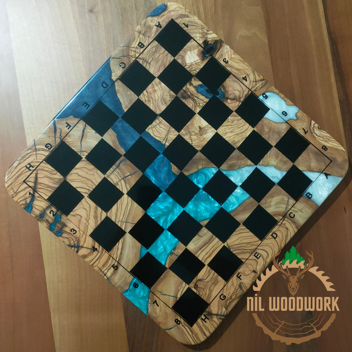 Personalized Olive Wood Chess Set: Handmade Resin Inlay, Modern Style