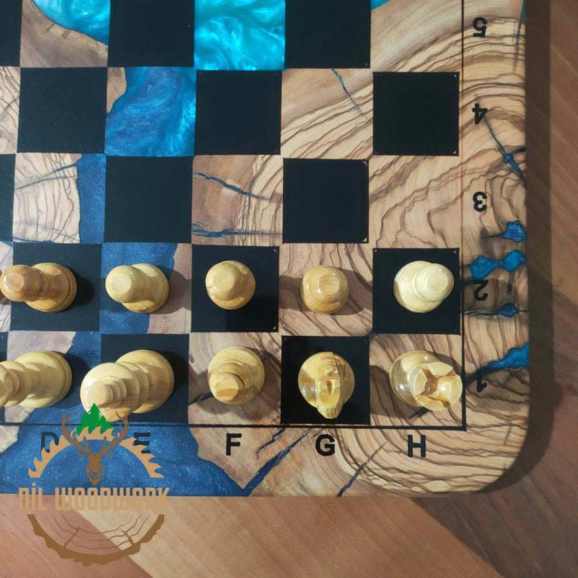 Personalized Olive Wood Chess Set: Handmade Resin Inlay, Modern Style