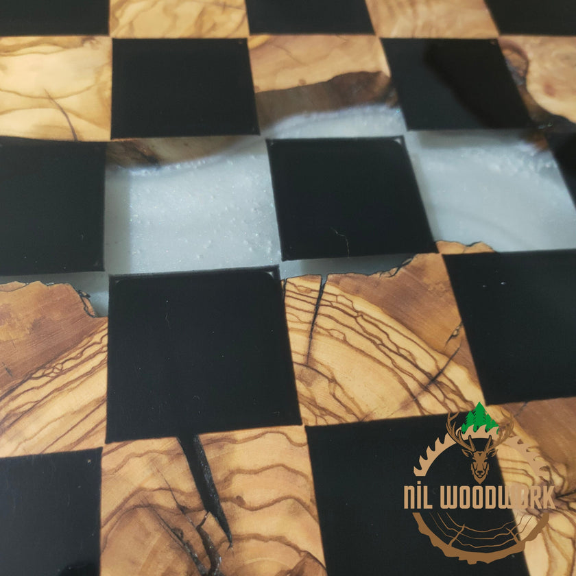 Personalized Olive Wood Chess Set: Resin Inlay, Unique Chessboard
