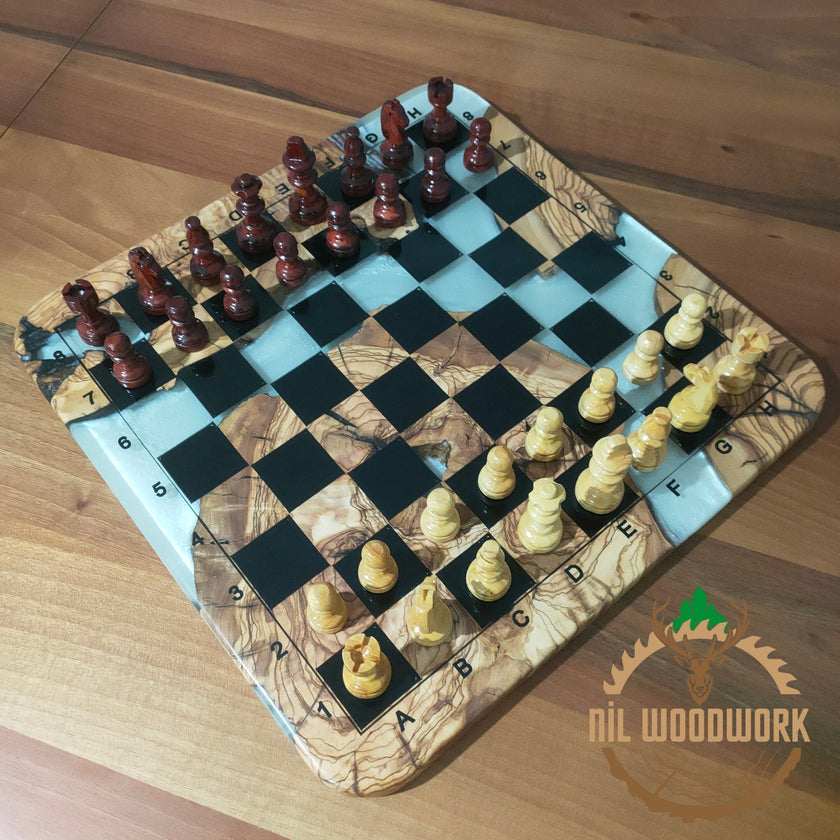 Personalized Olive Wood Chess Set: Resin Inlay, Unique Chessboard
