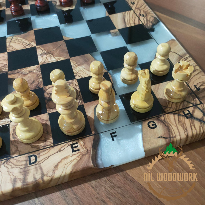 Personalized Olive Wood Chess Set: Resin Inlay, Unique Chessboard