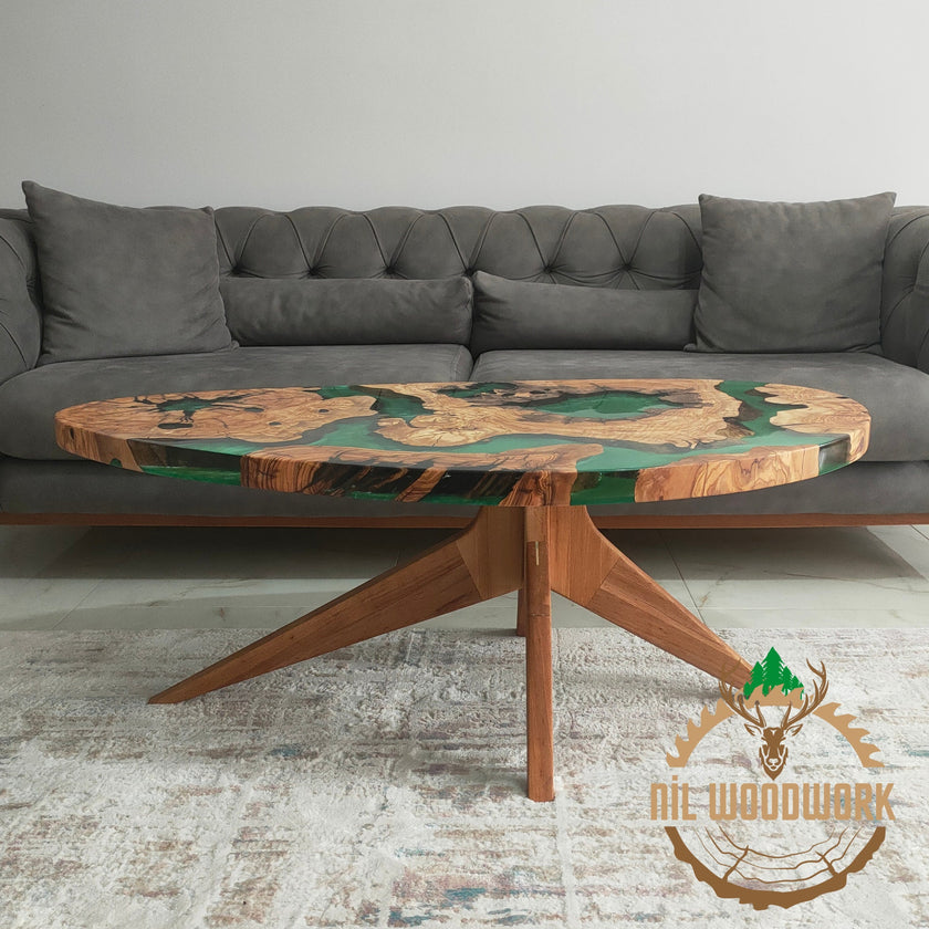 Handmade Olive Wood Resin Coffee Table: Modern Epoxy Design