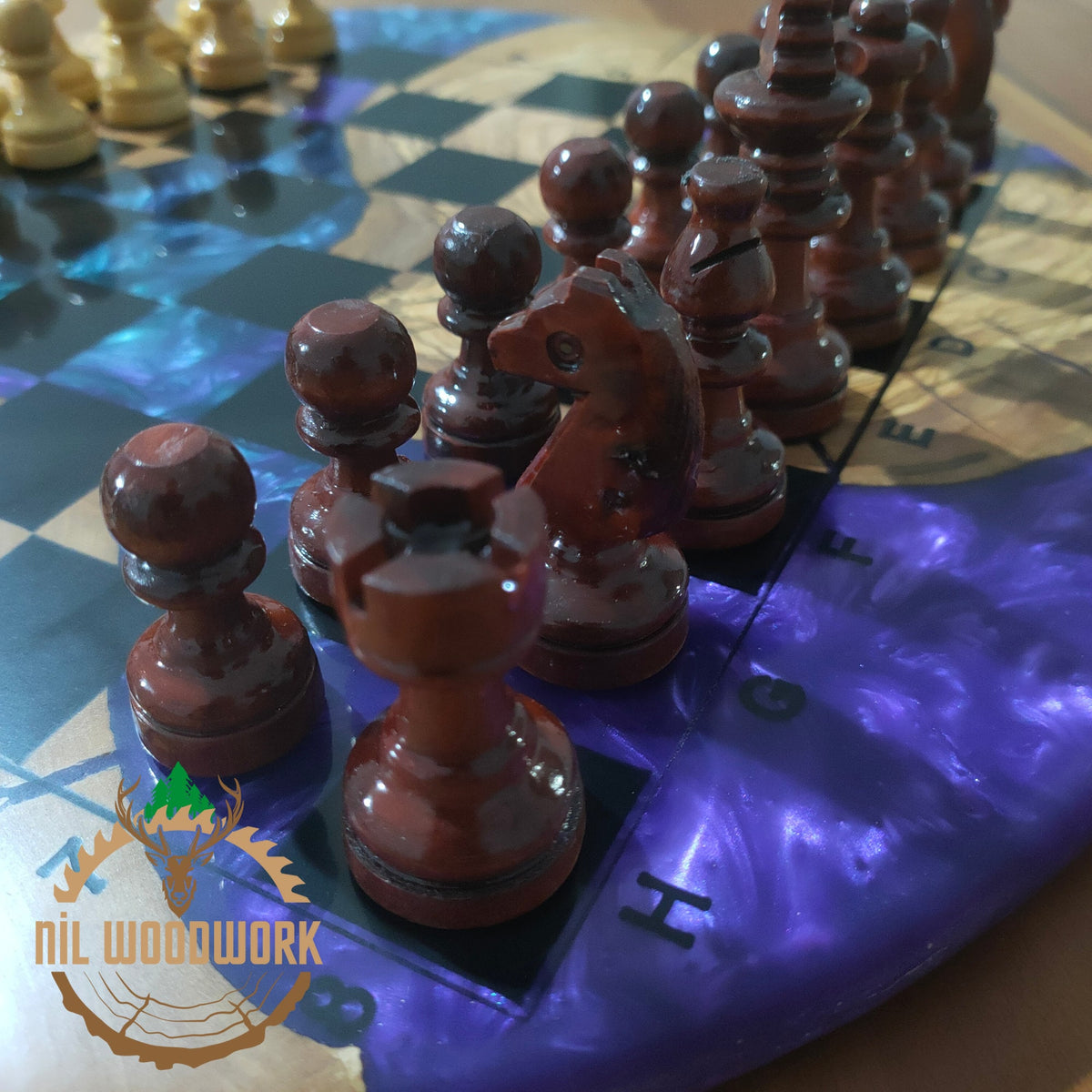 Personalized Olive Wood Resin Chess Set: Handmade Modern Board, Chess Pieces