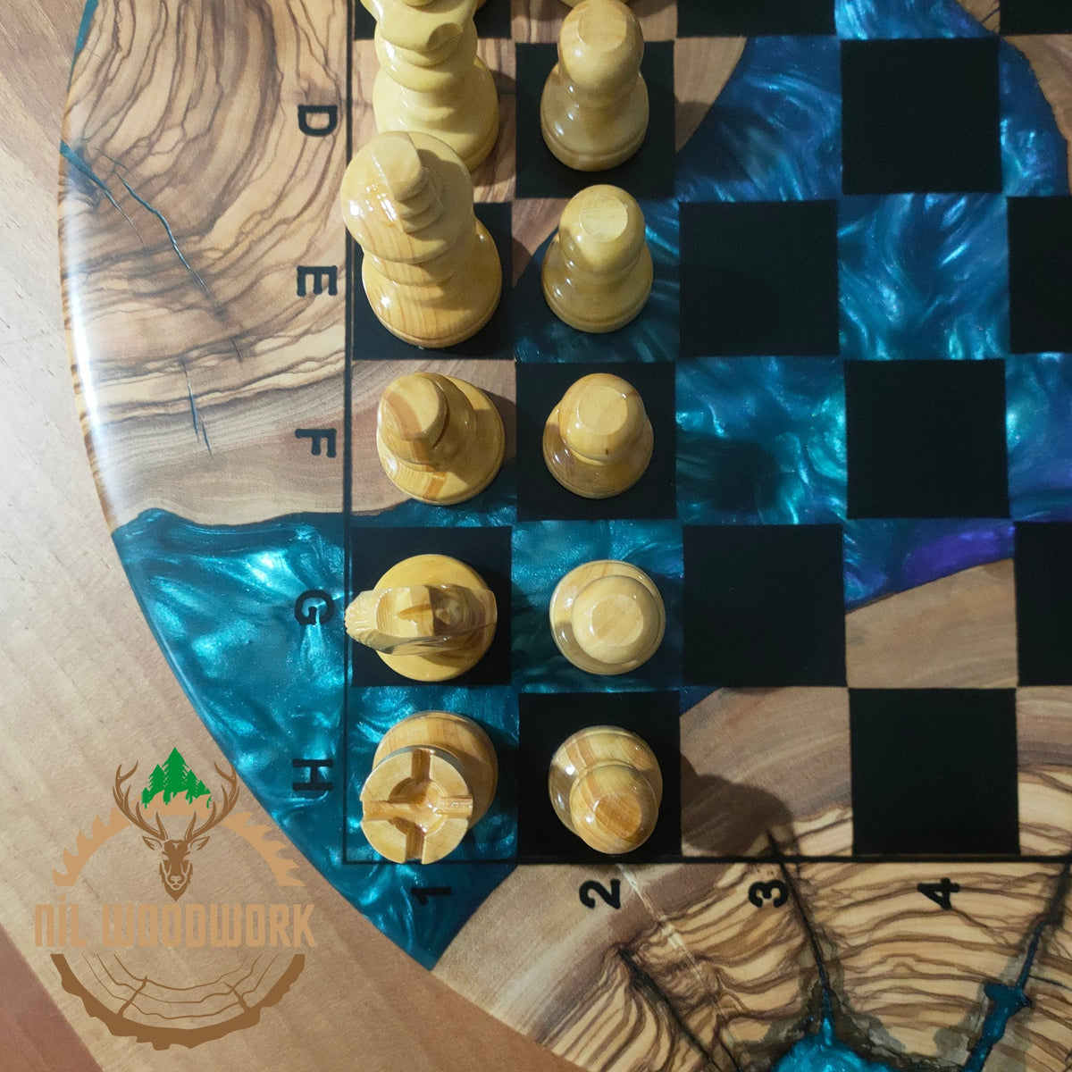 Personalized Olive Wood Resin Chess Set: Handmade Modern Board, Chess Pieces