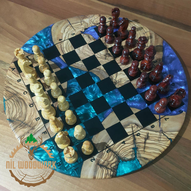 Personalized Olive Wood Resin Chess Set: Handmade Modern Board, Chess Pieces