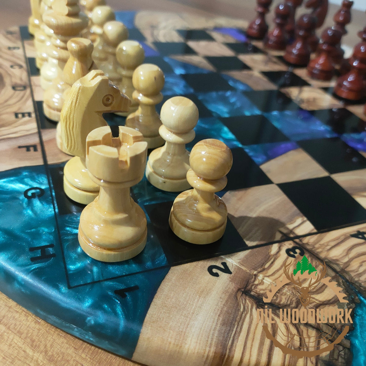 Personalized Olive Wood Resin Chess Set: Handmade Modern Board, Chess Pieces