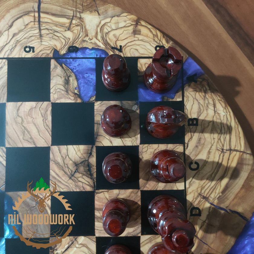 Personalized Olive Wood Resin Chess Set: Handmade Modern Board, Chess Pieces