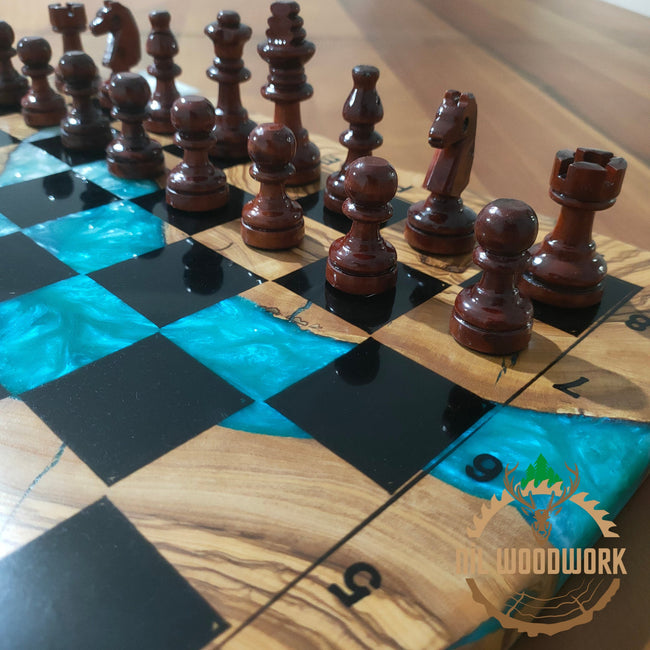 Personalized Olive Wood Chess Set: Handmade Resin Inlay, Modern Style