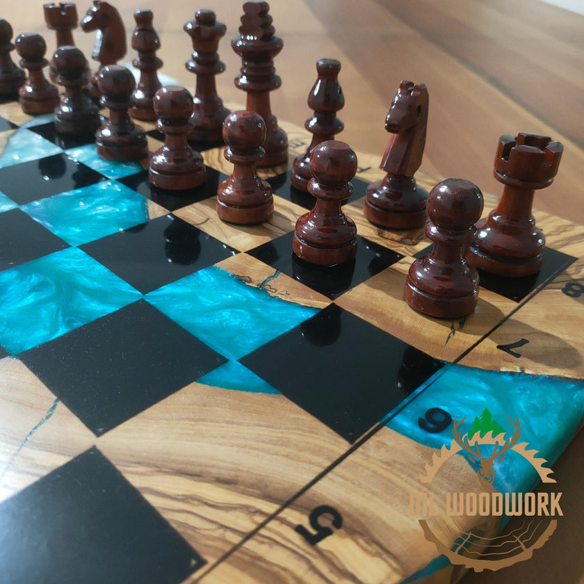 Personalized Olive Wood Chess Set: Handmade Resin Inlay, Modern Style