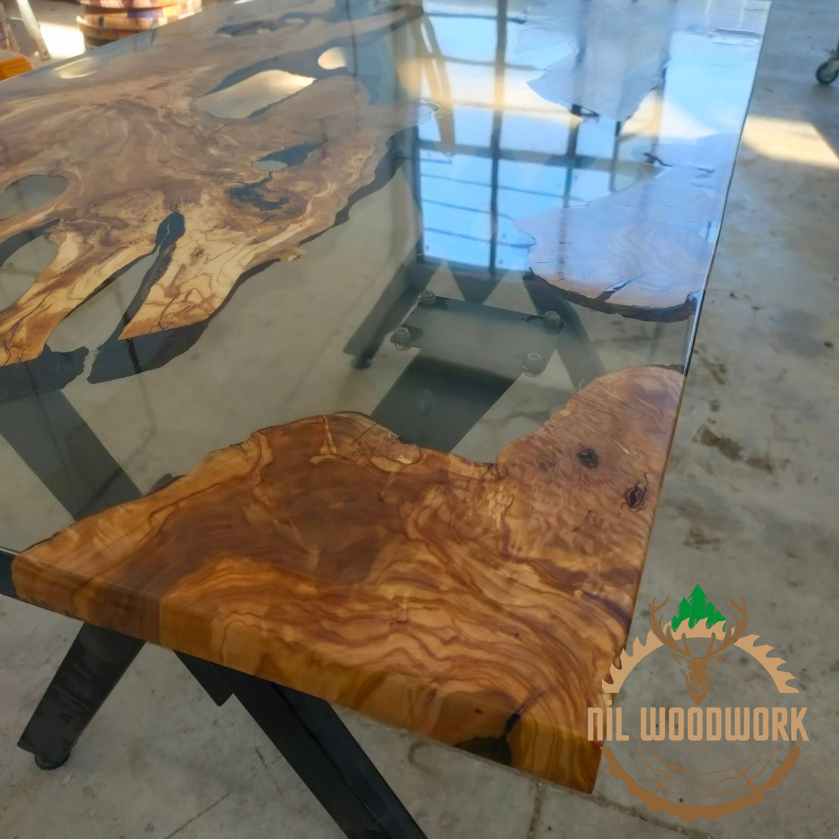 Custom Olive Wood Resin Dining Table: Unique Epoxy River Table