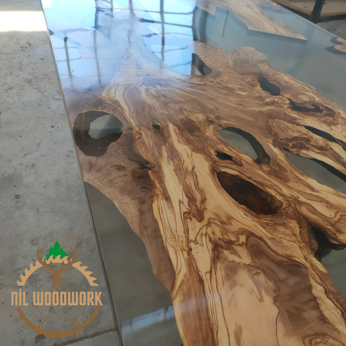 Custom Olive Wood Resin Dining Table: Unique Epoxy River Table
